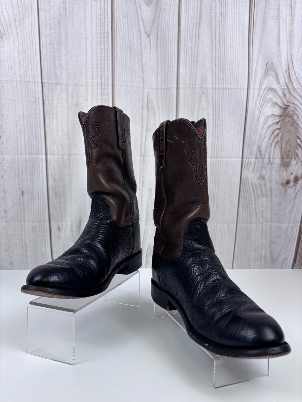Vintage Lucchese 2000 Two-Tone Leather Western Cowboy Boots Black Brown Sz 8EE - Picture 4 of 16